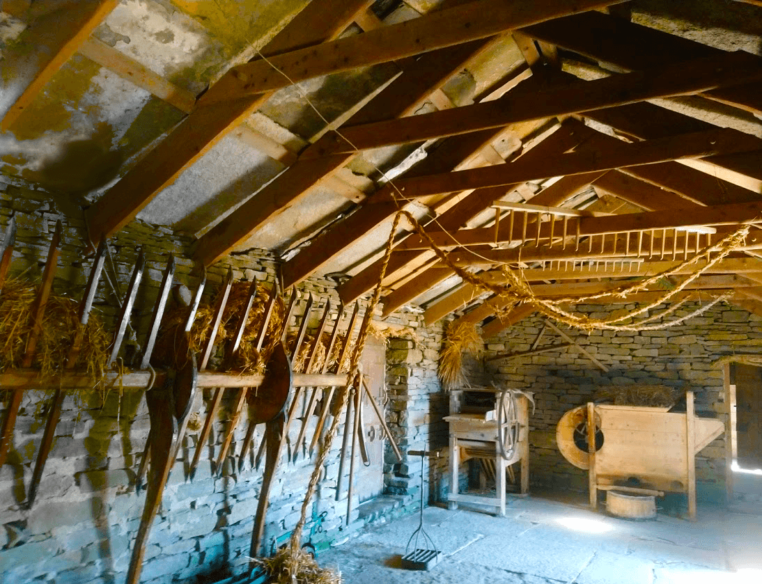 corrigall farm museum barn has original period pieces and recreation of straw rope from old techniques 