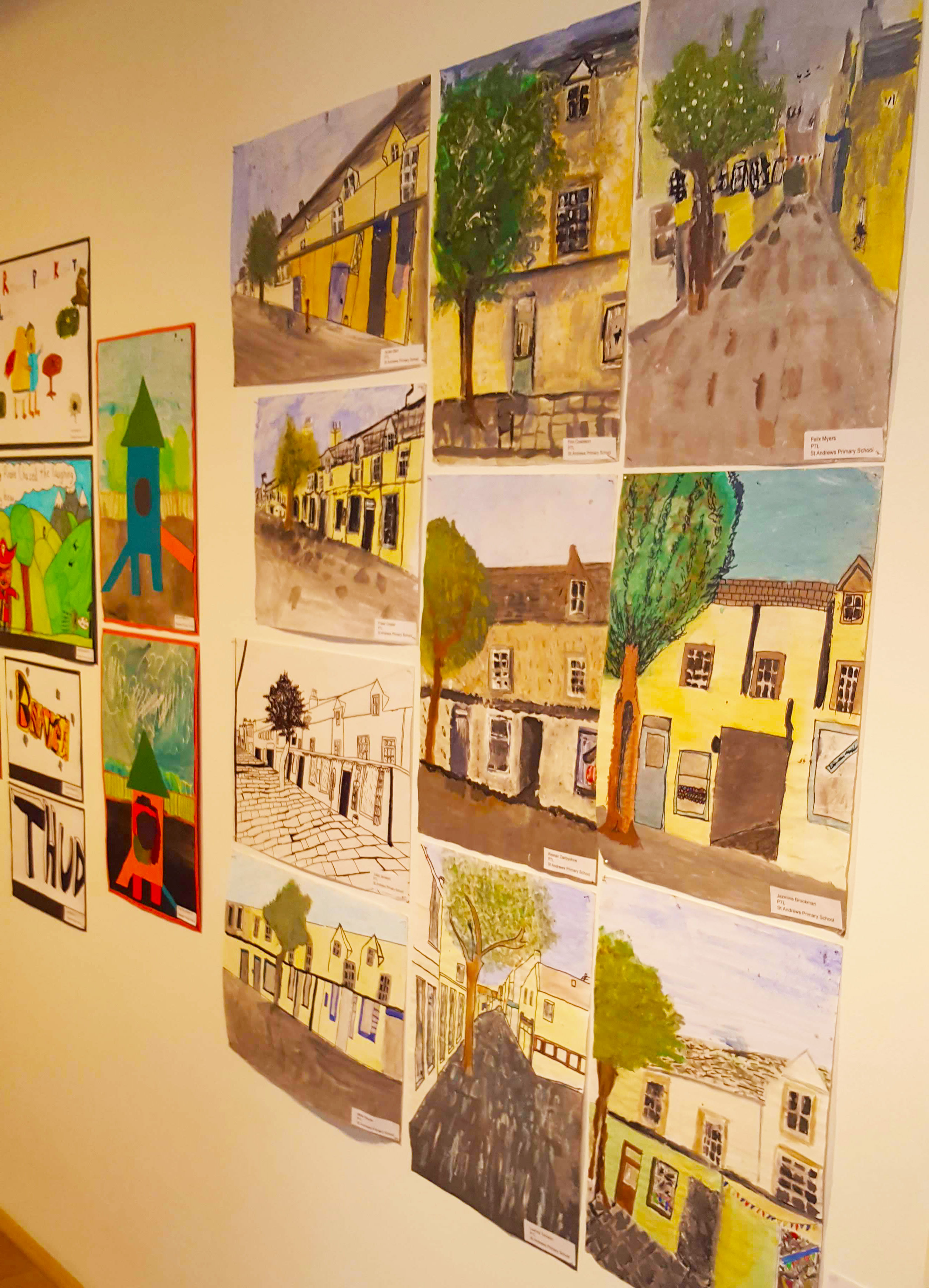 Artwork of Orkney buildings by local children in Pier Arts Centre Stromness. 