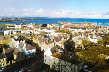 view of Kirkwall town and harbour from st magnus cathedral.