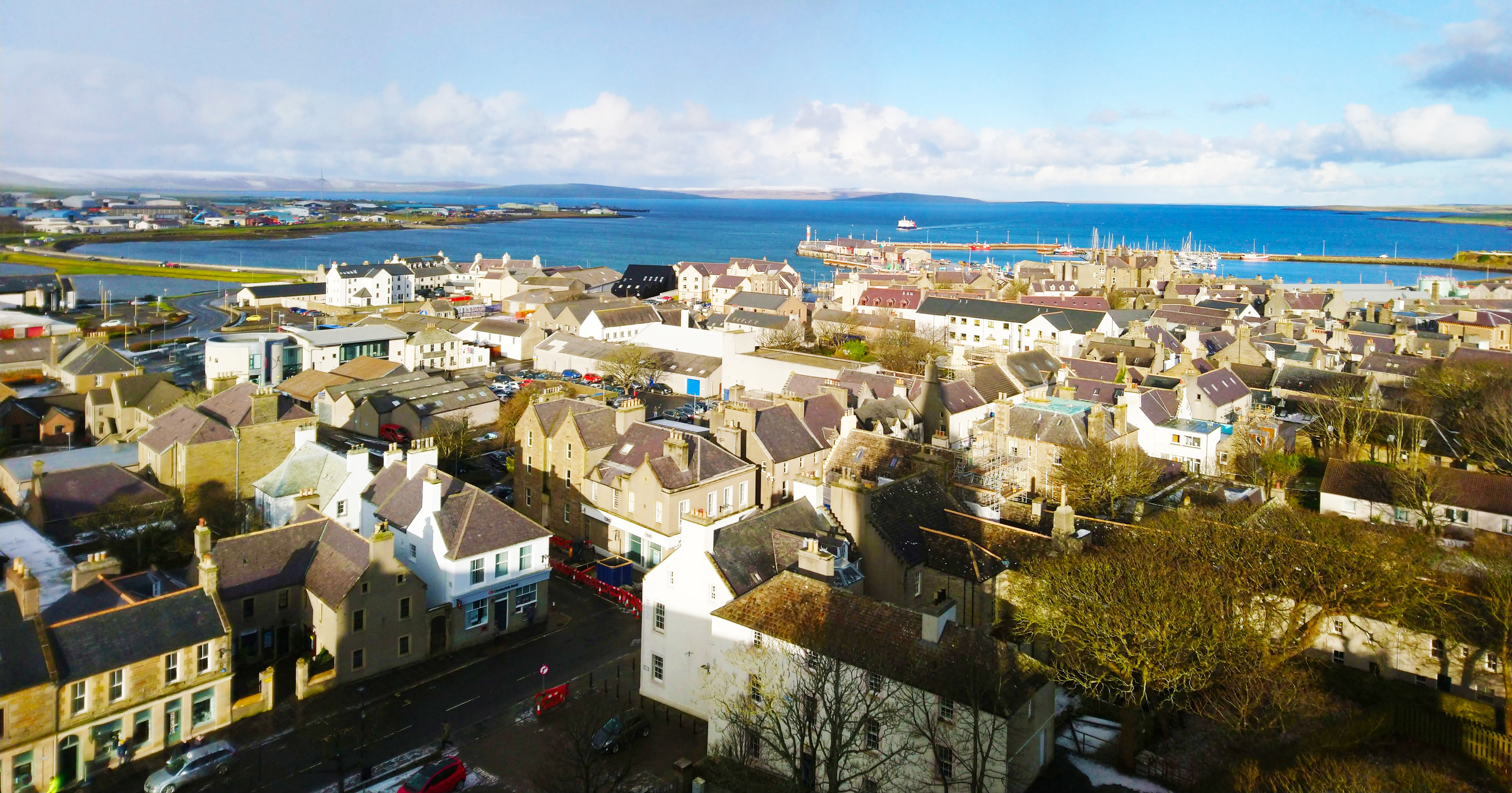 view of Kirkwall town and harbour from st magnus cathedral.